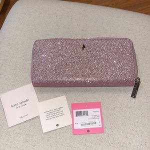 NWOT Kate Spade Burgess Court Slim Continental Wallet, Pink/Rose Gold Glitter